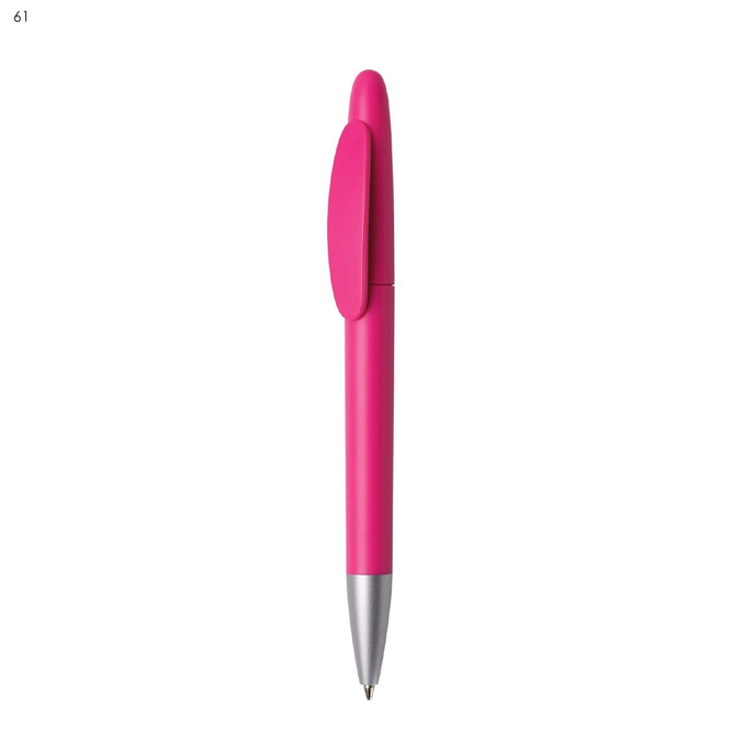 A pink plastic pen with a silver tip and a clip, featuring a logo.