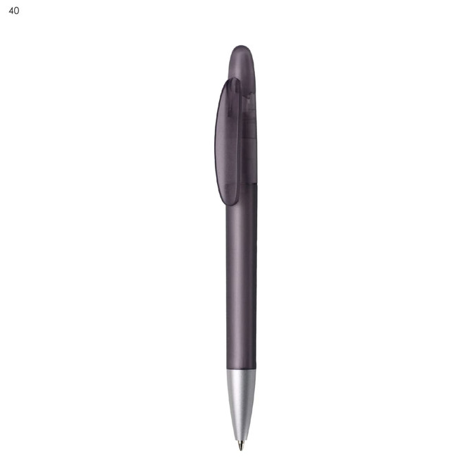 A plastic pen in a dark purple colour with a silver tip and a clip, featuring a logo on the barrel.