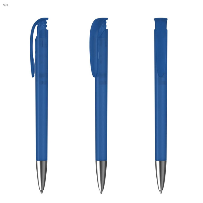 A set of blue plastic pens featuring a silver-tone clip and tip, with a logo present.