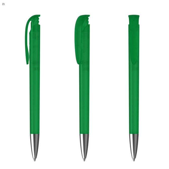 A green plastic pen with a silver tip, displayed from multiple angles. The pen features a clip on the cap.