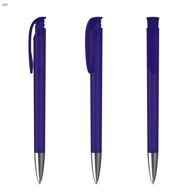 A collection of three purple plastic pens with silver chrome accents and clips, featuring a sleek design.