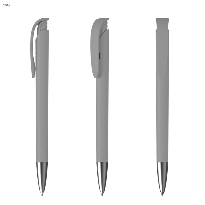A grey plastic pen with a soft grip and a metallic tip, featuring a clip and a branded logo.