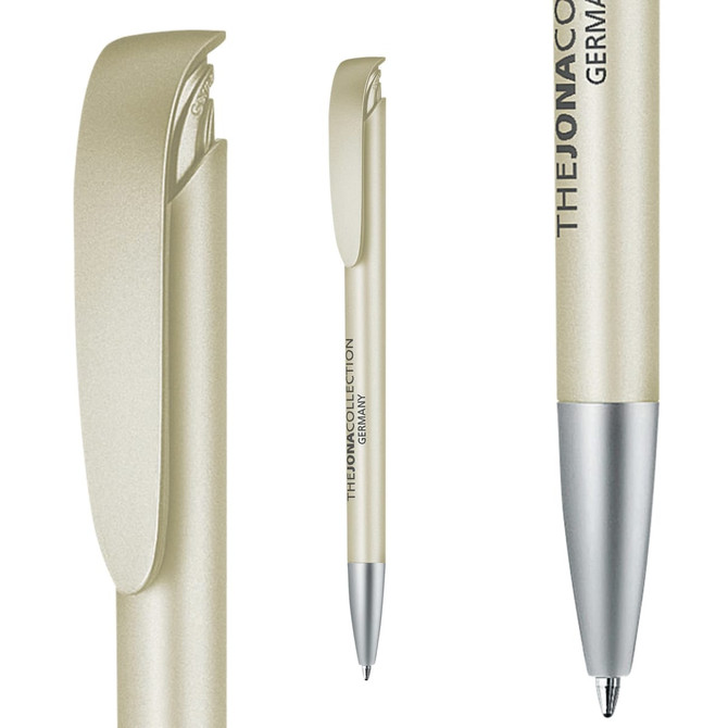 A metallic pen in a gold finish with a sleek design and a silver tip, featuring a logo on the body.