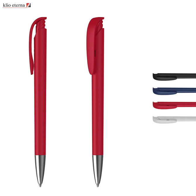 A red plastic pen with a silver tip and a clip, alongside black, blue, and grey variants. It features branding.