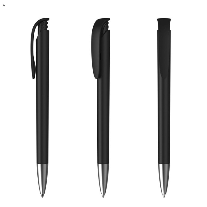 A set of black plastic pens with silver accents, featuring a clip and a sleek design. The product has branding.
