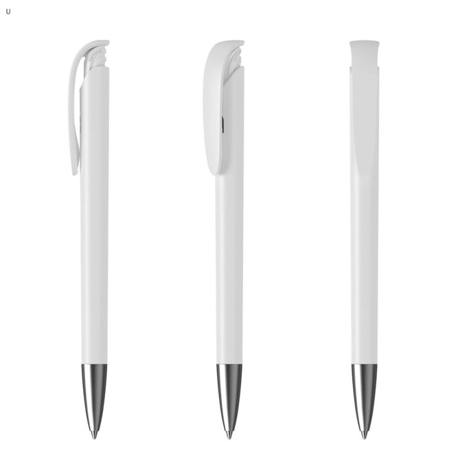 A plastic pen in white with a silver tip and clip, featuring a minimalistic design.