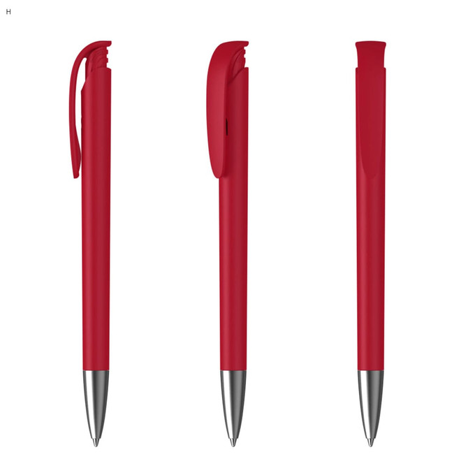 A red plastic pen with a sleek design, featuring a clip and a shiny silver tip. The pen has a branding logo.