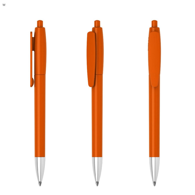 An orange plastic pen featuring a clip and a silver tip, presented from three different angles.