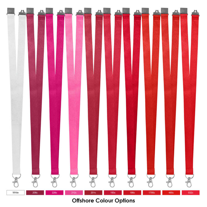 A range of 20mm polyester lanyards in various colours including white, pink, and shades of red, with metal clips.