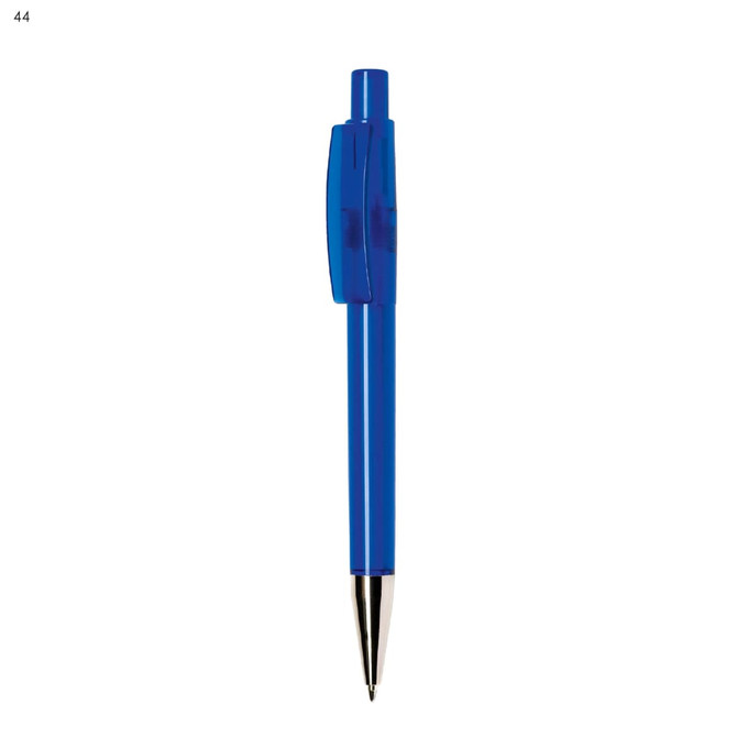 A blue plastic pen with a clear grip and a metal nib, featuring a logo on its body.