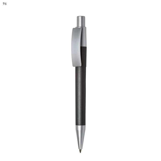 A silver and black plastic pen with a clip and a sleek design. It has a branding logo on the body.