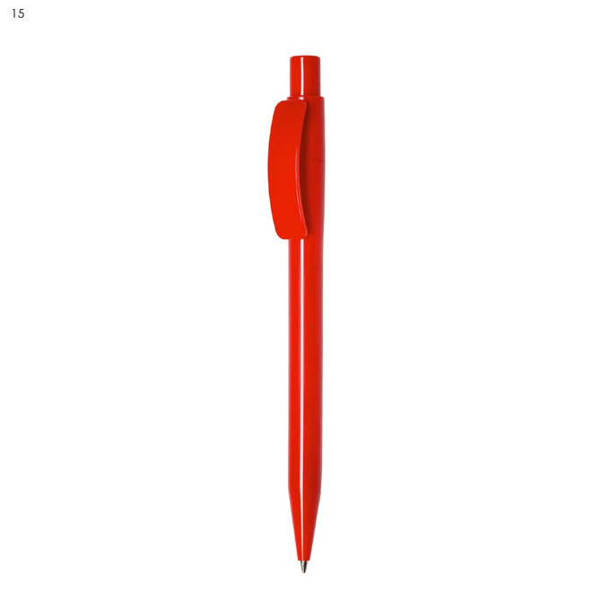 A red plastic pen with a clip and a fine point. The pen features a simple design and has a logo.