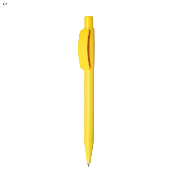 A yellow plastic pen with a clip and a fine tip. It features a branding logo.