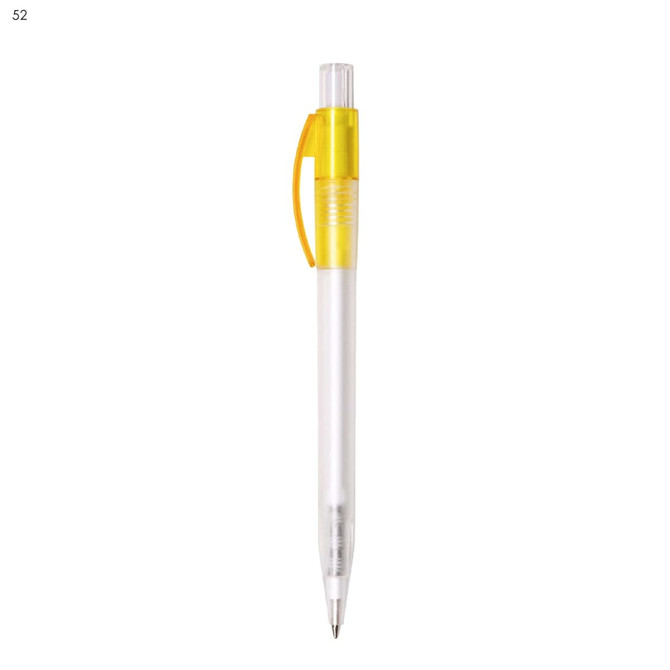 A plastic pen in white with a yellow clip and transparent top, featuring a branding logo.