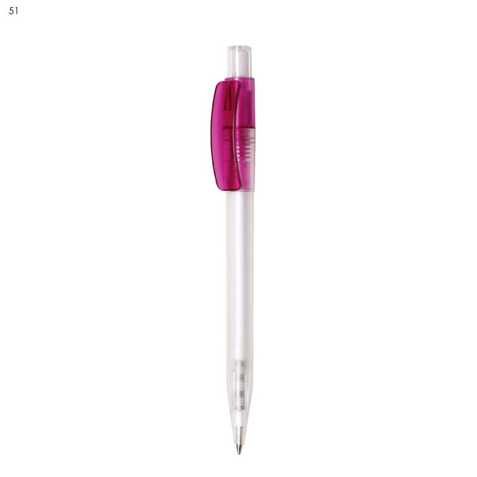 A plastic pen with a purple clip and clear barrel, featuring a branding logo.