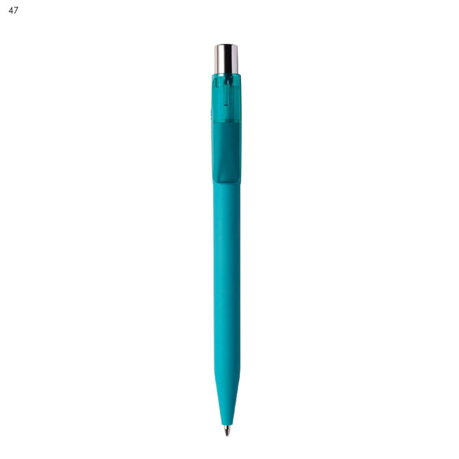 A teal plastic pen with a clear grip and a silver clip, featuring a logo on the body.