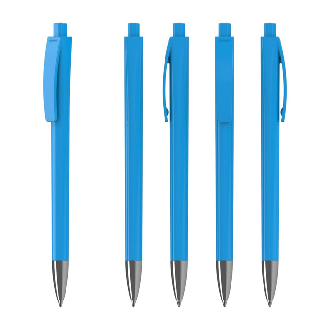 A series of five blue plastic pens with silver accents, featuring a clip and push mechanism, along with a logo.