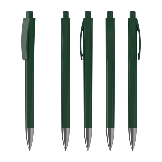 A set of dark green plastic pens with silver accents, featuring different positions and an included logo.