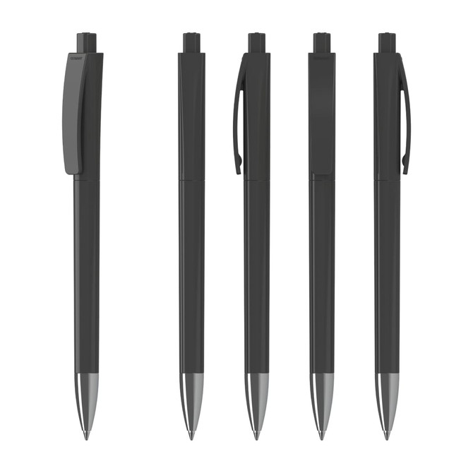 A set of five black plastic pens with a high gloss finish and metal accents. Each pen features a clip and a logo.