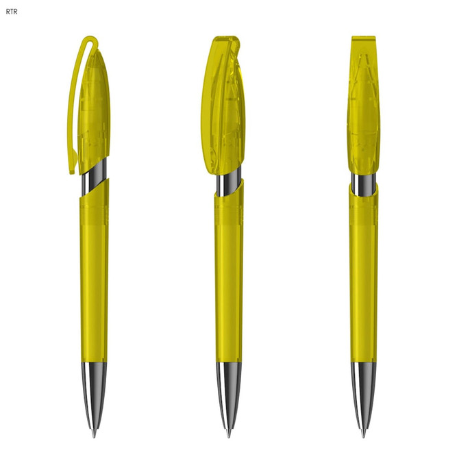 Three plastic pens in a vibrant yellow colour, featuring a transparent design and silver accents. Each pen has a cap.
