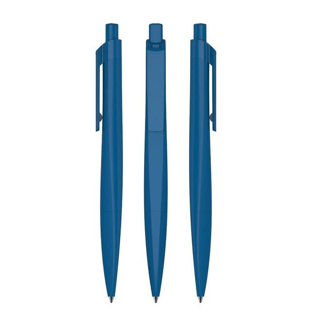 Three blue plastic pens displayed from different angles, featuring a clip and smooth design.
