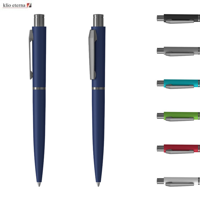 Two navy blue metal pens with a sleek design, featuring a clip and a logo, alongside various coloured options.