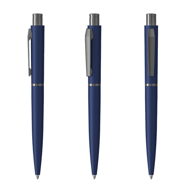 A metal pen in navy with a sleek design, featuring a clip and a silver accent. It has a logo present.