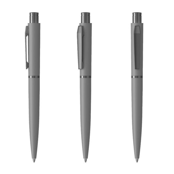 A set of three grey metal pens with a sleek design and a clip, featuring a subtle branding logo.