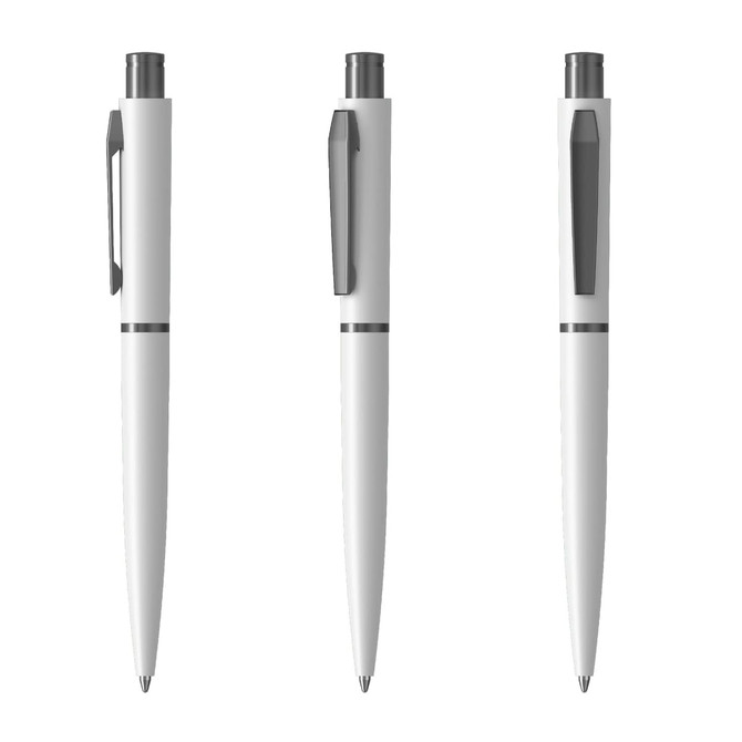 A set of three white metal pens featuring silver detailing and a clip, with a sleek, modern design.