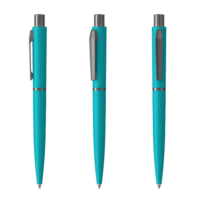 A metal pen in aqua blue, featuring a sleek design with a clip and chrome accents. The pen is displayed in three angles.