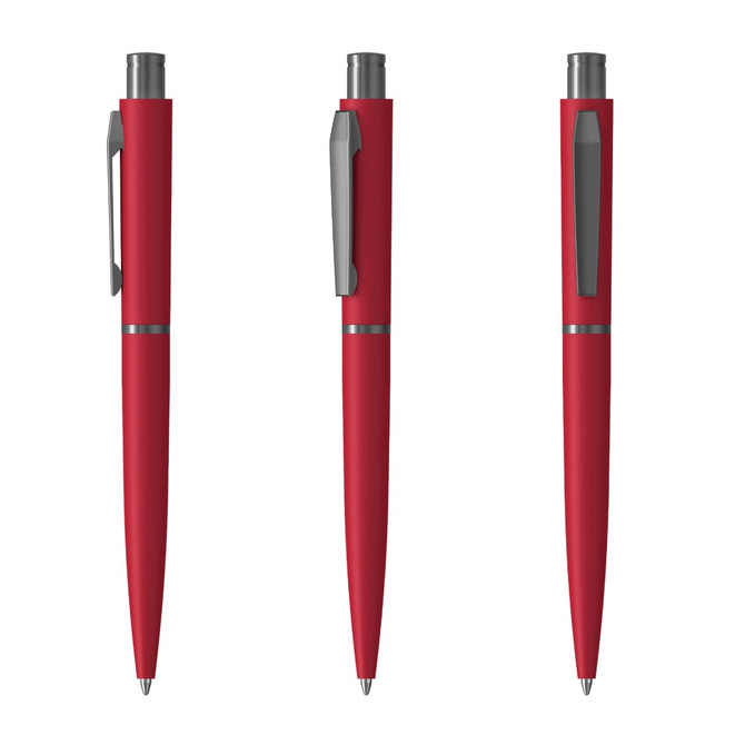 A red metal pen with a clip and a polished silver accent, displayed from multiple angles.