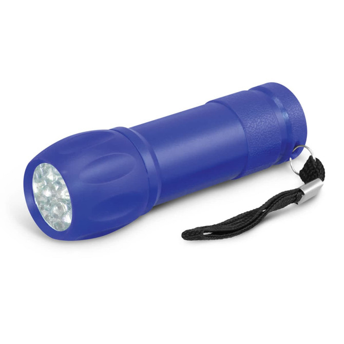 A blue torch with multiple LED lights and a black keyring attachment.