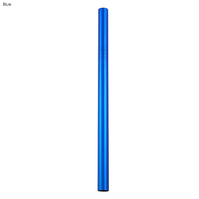 A blue stainless steel drinking straw, measuring 12mm x 215mm. The straw has a smooth, polished finish and features a logo.