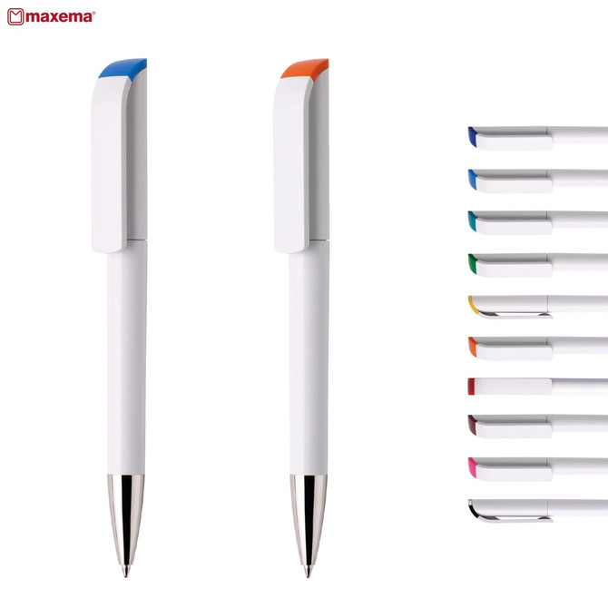 A collection of plastic pens in various colours with white barrels, featuring a clip in blue and orange.