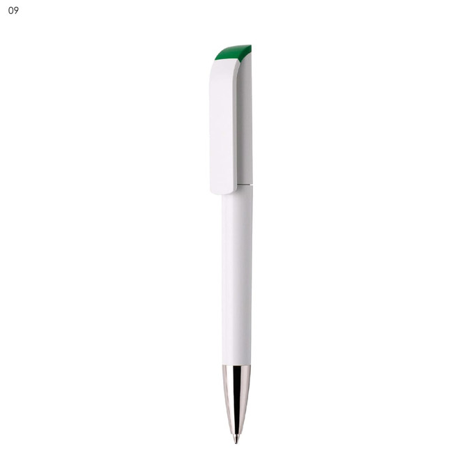 A white pen with a green top and a silver tip, featuring a logo on its body.