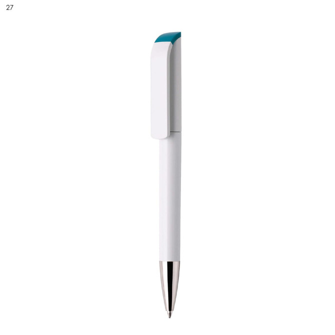 A white plastic pen with a teal accent and a silver tip, featuring a branded logo.