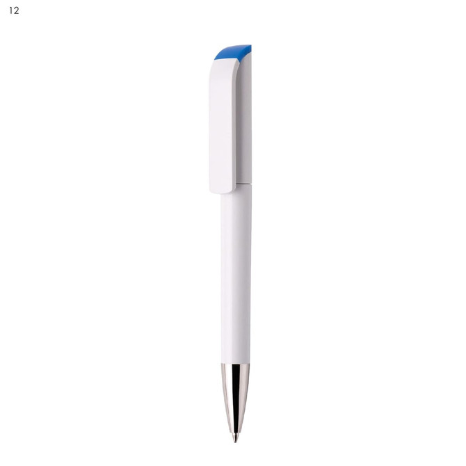 A white plastic pen with a blue clip and silver tip, featuring a logo on the barrel.