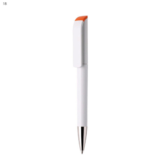 A white plastic pen with an orange accent and a silver clip. The pen features a logo on its body.
