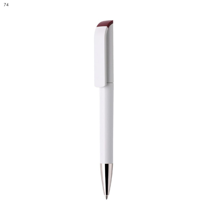 A plastic pen in white with a burgundy top and a silver clip. The pen has a sleek, streamlined design.