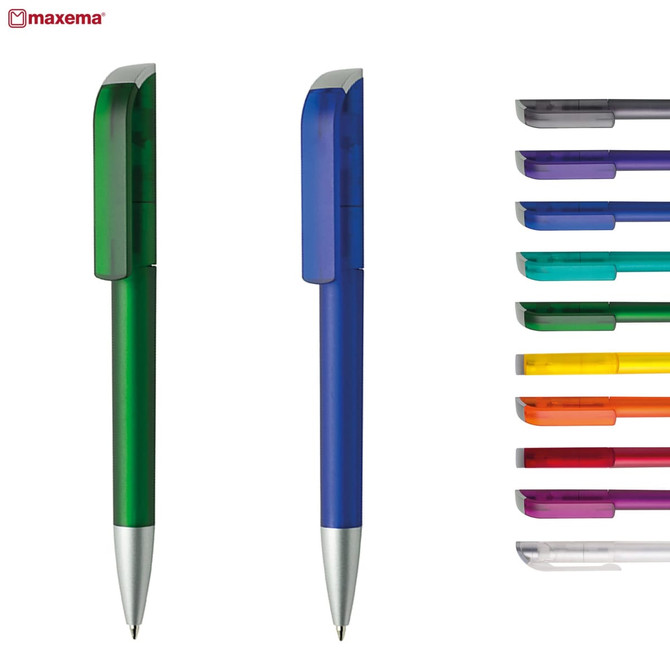 A set of plastic pens in green and blue, with additional pens in various colours displayed on the right. Each pen has a logo.