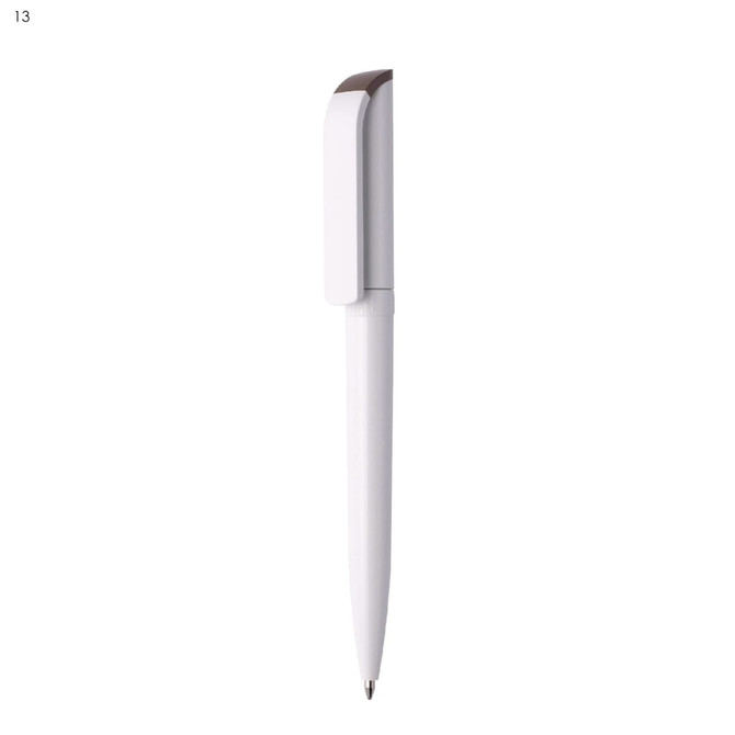 A plastic pen in white with a sleek design and a cap, featuring a logo on the side.