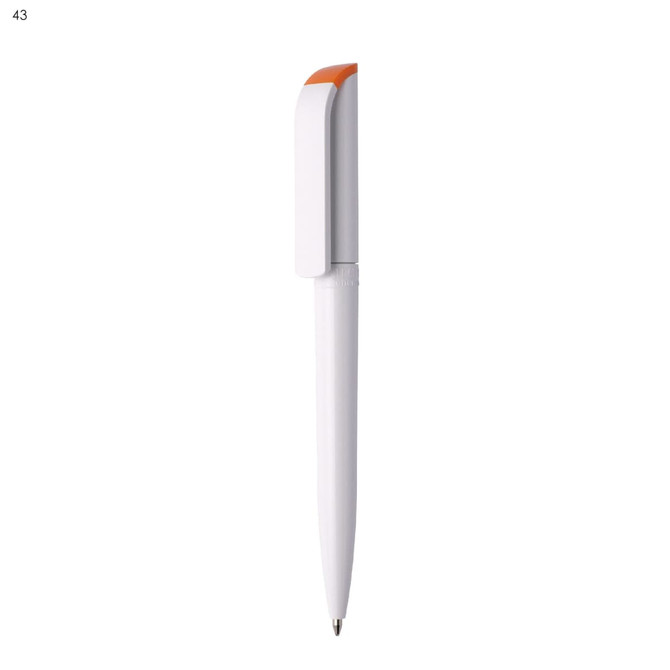 A plastic pen in white with an orange cap and a branding logo.