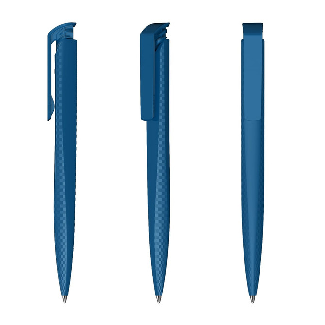 A blue plastic pen with a textured grip and a clip, displayed from three angles. It features branding on the body.