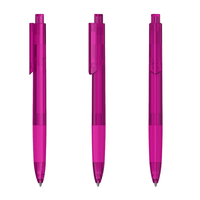 Three transparent pink plastic pens displayed from different angles, featuring clips and pointed tips.
