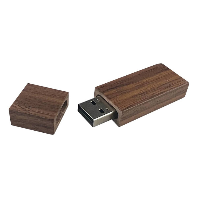 A wooden USB flash drive in light brown with a removable cap, featuring a metallic USB connector.