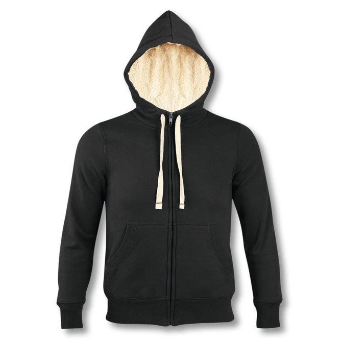 A black unisex zipped sweatshirt with a beige Sherpa-lined hood and pockets. It features a logo on the front.