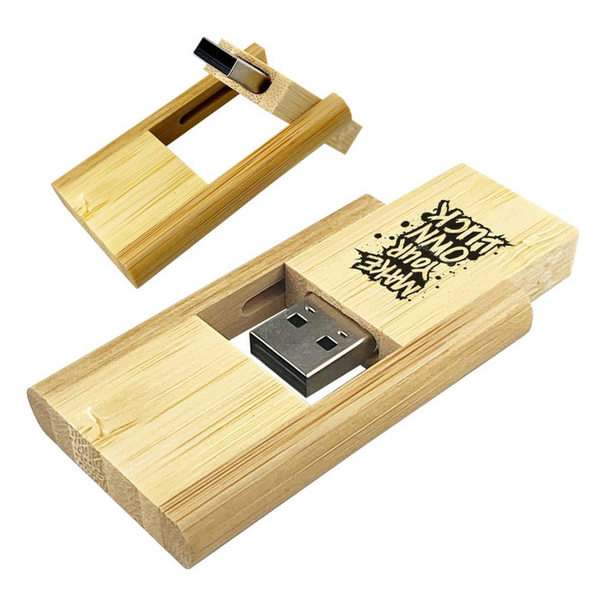 A bamboo USB flash drive in a wooden case, featuring a USB connector and a logo. The product is 32GB in capacity.