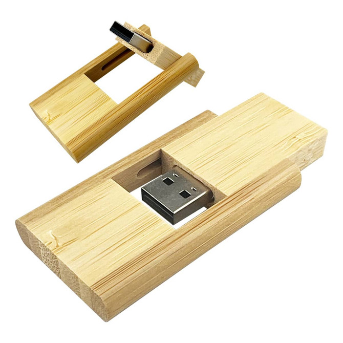 A bamboo USB flash drive with a 32GB capacity, featuring a sleek wooden design and a small sliding mechanism.