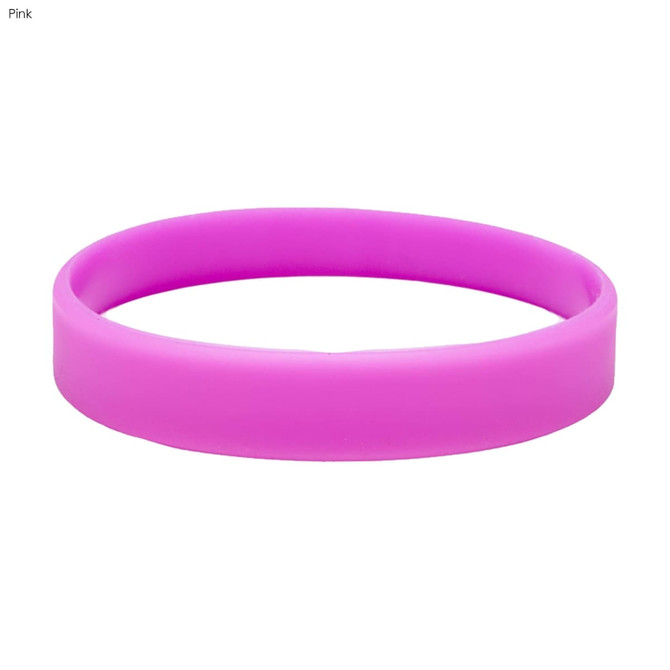 A pink silicone wristband with a smooth surface and an embossed design, featuring a simple circular shape.