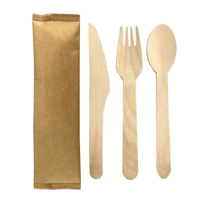 A wooden cutlery set featuring a knife, fork, and spoon, packaged in brown paper.